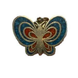 Vintage Silver Crushed Inlay Turquoise Coral Enamel Butterfly Pendant Charm
